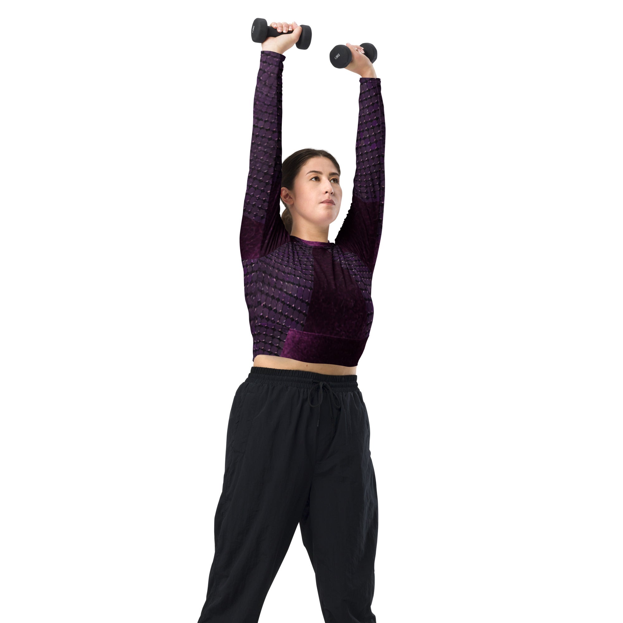 Long-sleeve gym crop top. Ideal fitness top, runner's or yoga top. "Mulberry" by WickedYo.
